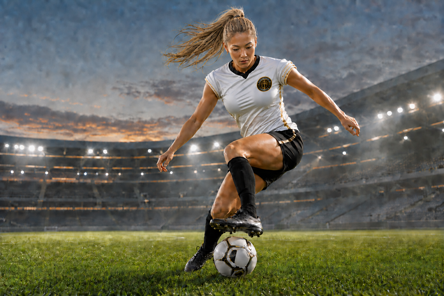 Twenty-year-old Asian female football player with blonde hair, wearing a rolled-sleeve Training Ground Academy kit and performing a crossover dribble